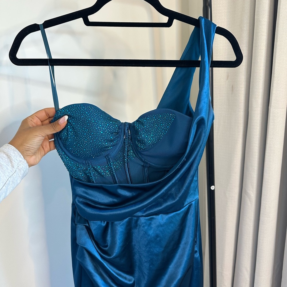 Elegant Teal Satin Dress with Beaded Bodice